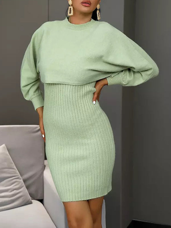 xakxx Long Sleeves Solid Color Round-Neck Sweater Top + Inner Dress Two Pieces Set