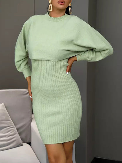 xakxx Long Sleeves Solid Color Round-Neck Sweater Top + Inner Dress Two Pieces Set