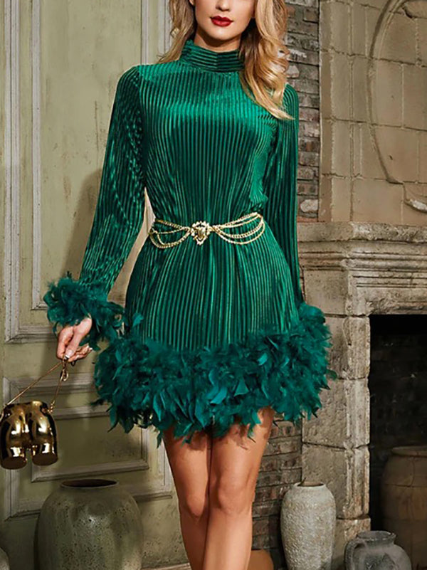 xakxx A-Line Long Sleeves Chains Feathers Solid Color Velvet Stand Collar Mini Dresses