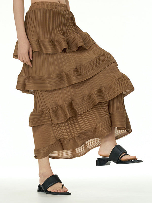 xakxx Loose Elasticity Layered Pleated Ruffled Solid Color Skirts Bottoms