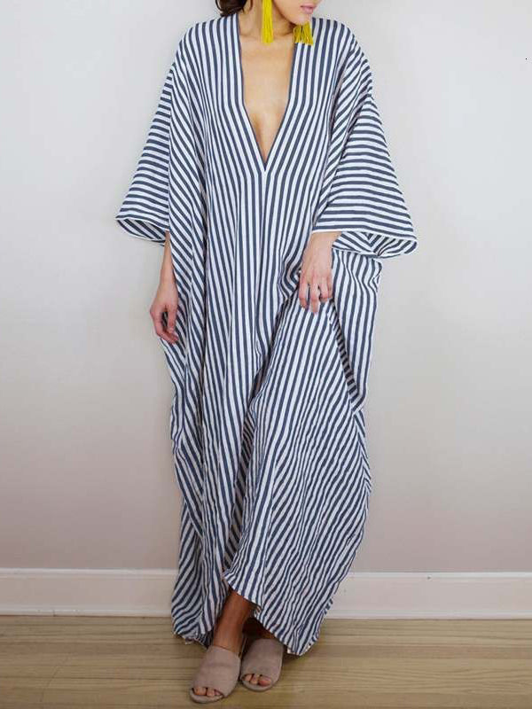 xakxx Batwing Sleeves Loose Striped V-Back Deep V-Neck Maxi Dresses