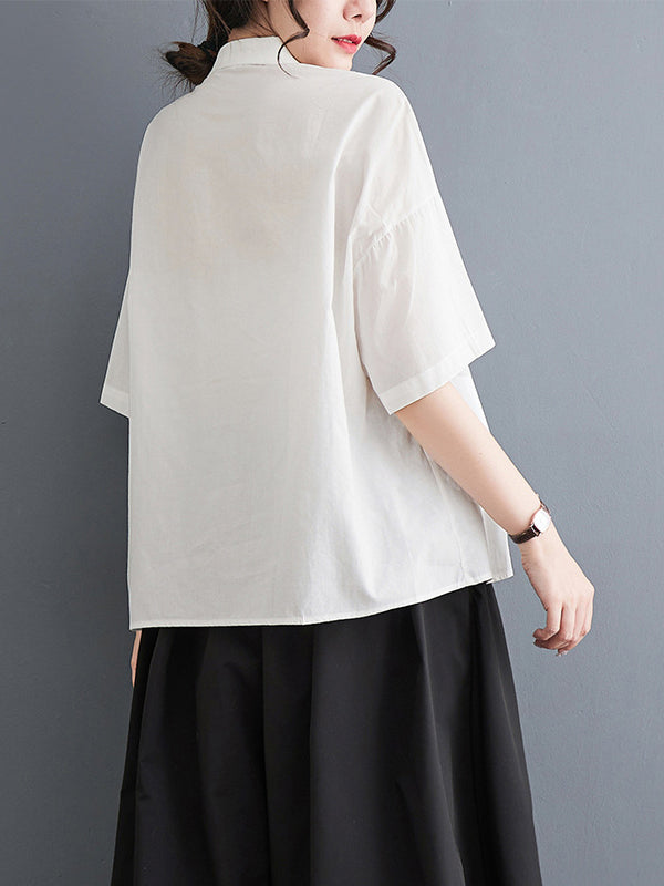 xakxx Loose Short Sleeves Solid Color Split-Joint Blouses