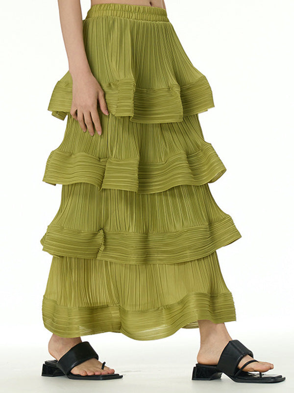 xakxx Loose Elasticity Layered Pleated Ruffled Solid Color Skirts Bottoms