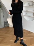xakxx Simple Long Sleeves Black Split-Joint Elasticity Waist Pleated Midi Dress