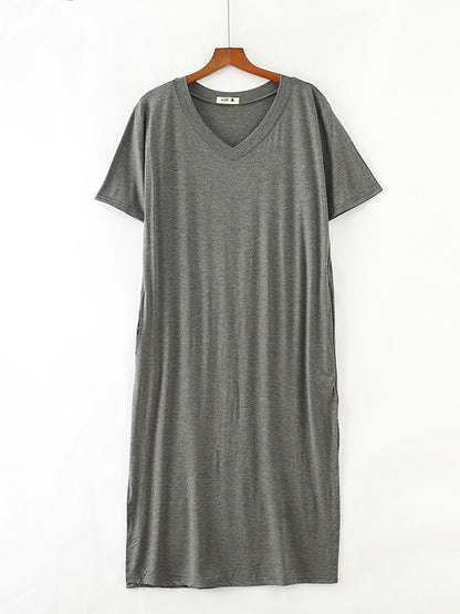 xakxx Simple Short Sleeves Loose Split-Side Solid Color V-Neck Pajamas Dress