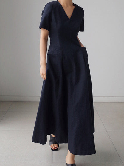 xakxx Simple Casual Solid Color Pleated Midi Dress