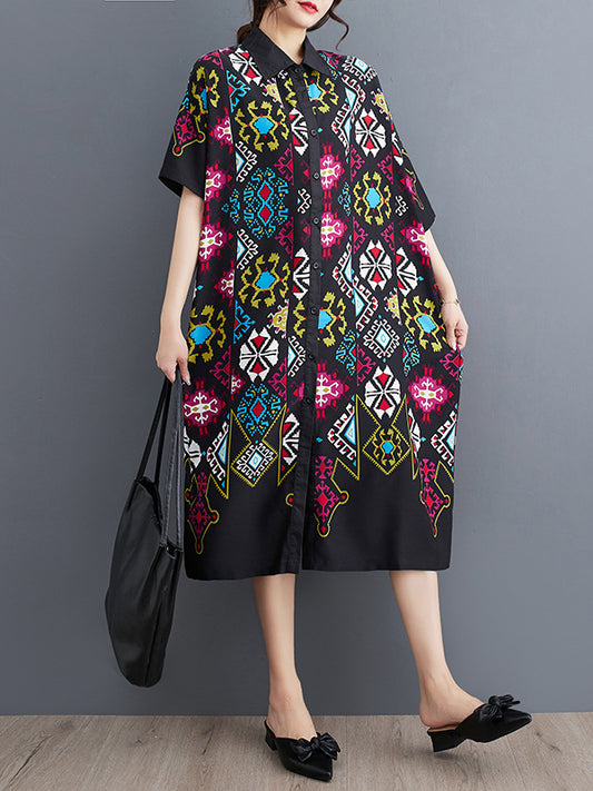 xakxx A-Line Loose Buttoned Printed Lapel Midi Dresses