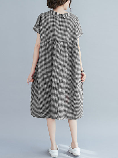 xakxx Artistic Retro Loose Plaid Buttoned Lapel Collar Midi Dress