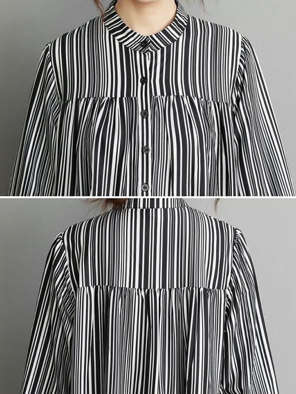 xakxx Vintage Loose Striped Buttoned Stand Collar Long Sleeves Midi Dress