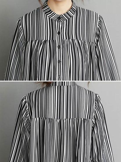 xakxx Vintage Loose Striped Buttoned Stand Collar Long Sleeves Midi Dress