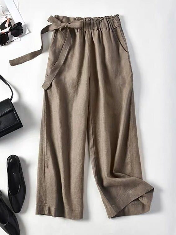 xakxx Simple Ramie Cotton Solid Color Loose Ninth Wide-Leg Pants