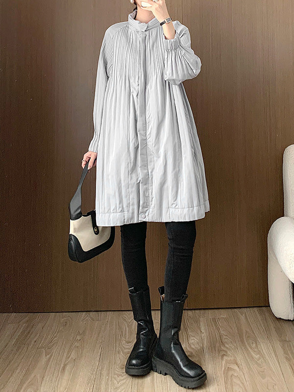 xakxx Long Sleeves Loose Pleated Quilted Solid Color Zipper Asymmetric Collar Padded Coat