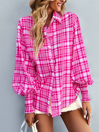 xakxx Long Sleeves Loose Buttoned Contrast Color Elasticity Plaid Lapel Blouses&Shirts Tops