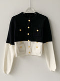 xakxx Long Sleeves Buttoned Contrast Color Round-Neck Cardigan Tops