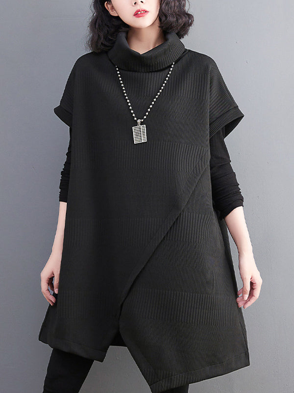 xakxx Short Sleeves Asymmetric Solid Color Split-Front High-Neck Knitwear Mini Dresses