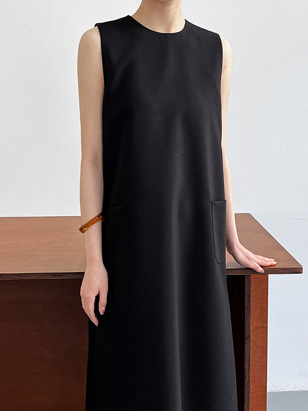 xakxx Loose Sleeveless Solid Color Round-Neck Midi Dresses