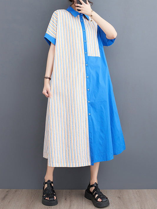 xakxx Loose Short Sleeves Asymmetric Split-Joint Striped Lapel Midi Dresses Shirt Dress