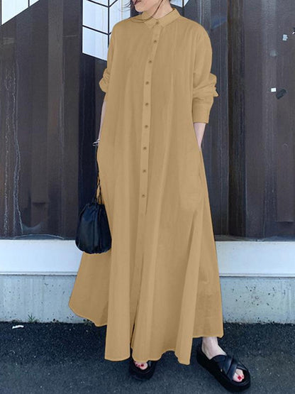 xakxx Long Sleeves Loose Solid Color Lapel Maxi Dresses Shirt Dress