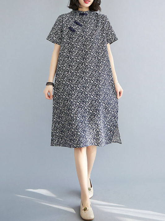 xakxx Artistic Retro Floral Printed Stand Collar Short Sleeves Cheongsam Midi Dress