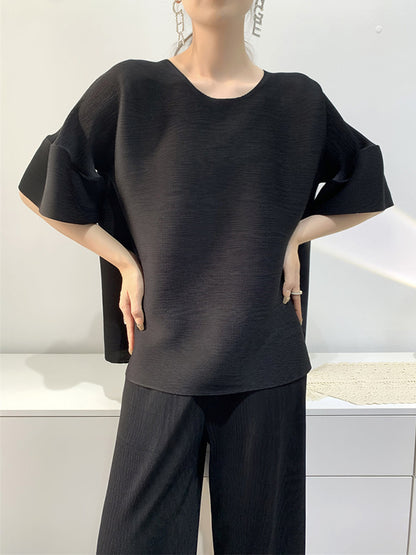 xakxx Elastics Pleated Solid Color Round-Neck T-Shirt + Wide Leg Pants Two Pieces Set