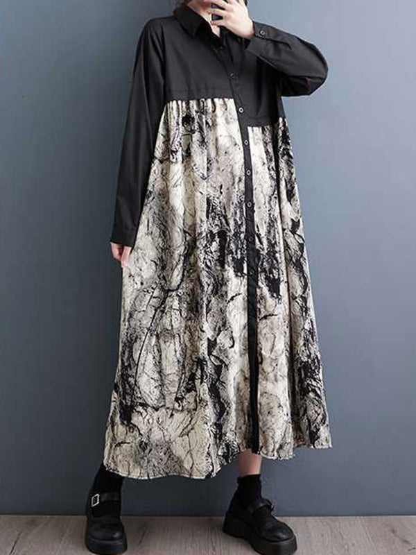 xakxx A-Line Long Sleeves Asymmetric Buttoned Printed Split-Joint Lapel Midi Dresses Shirt Dress