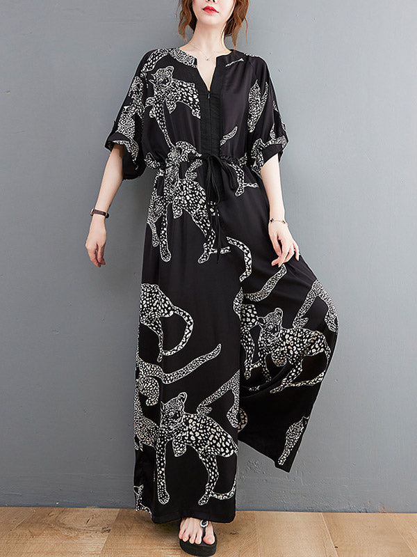 xakxx Vintage Original Floral Leopard Printed Split-Joint Tied V-Neck Half Sleeves Wide Leg Jumpsuits