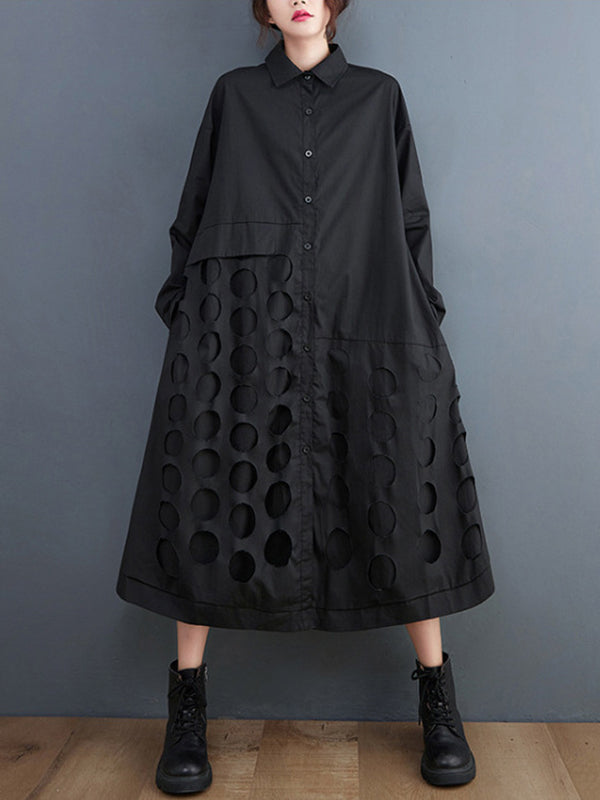 xakxx A-Line Long Sleeves Asymmetric Hollow Polka-Dot Solid Color Lapel Midi Dresses