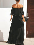 xakxx Loose Pleated Solid Color Off-The-Shoulder Maxi Dresses