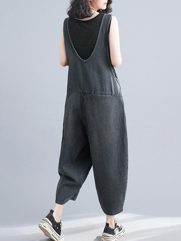 xakxx Cropped Loose Denim Buttoned Overalls