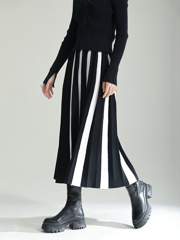 xakxx Original Creation Loose A-Line Contrast Color Striped Skirts Bottoms