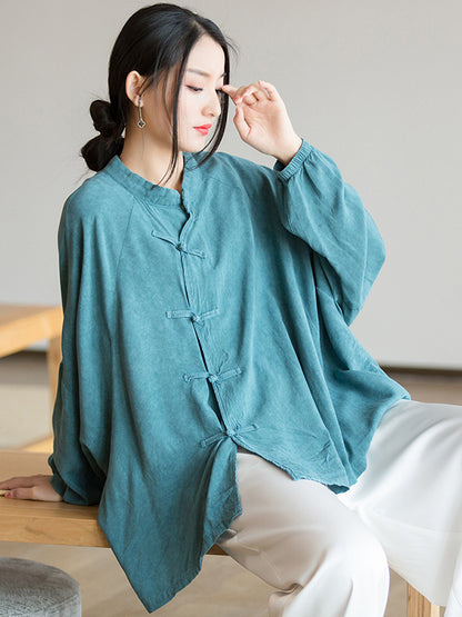 xakxx Artistic Retro Loose Long Sleeves Buttoned Solid Color Stand Collar Blouses&Shirts Tops