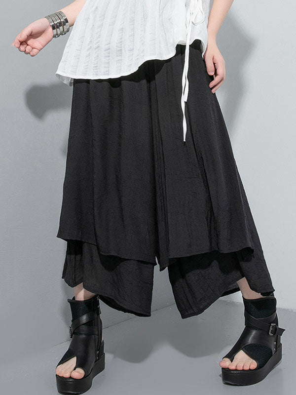 xakxx Loose Wide Leg Elasticity Solid Color Split-Joint Ninth Pants