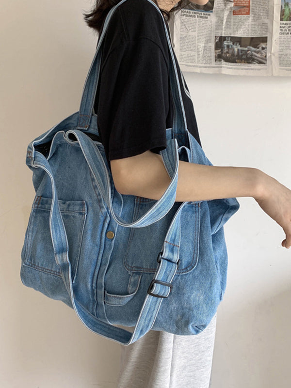 xakxx Casual Denim Split-Joint Solid Color Bags Accessories