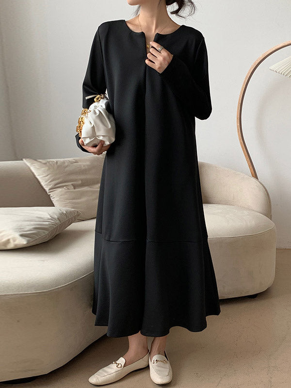 xakxx A-Line Long Sleeves Hollow Solid Color V-Neck Midi Dresses