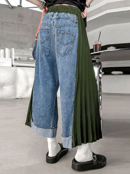 xakxx Loose Ninth Pants Contrast Color Pleated Split-Joint Wide Leg Jean Pants Bottoms