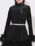 xakxx A-Line Long Sleeves Chains Feathers Solid Color Velvet Stand Collar Mini Dresses