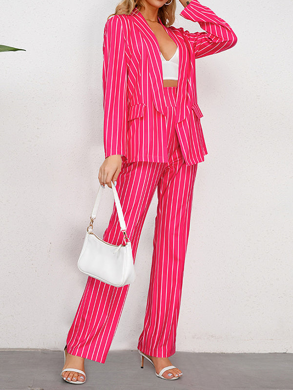 xakxx Long Sleeves Striped Lapel Blazer Top + Wide Leg Pants Bottom Two Pieces Set