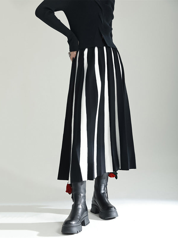 xakxx Original Creation Loose A-Line Contrast Color Striped Skirts Bottoms