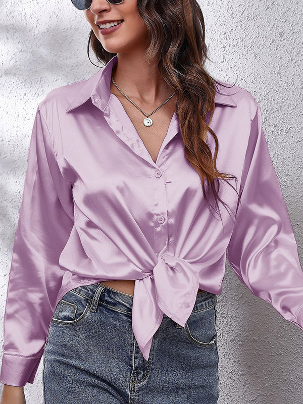 xakxx Long Sleeves Loose Solid Color Lapel Blouses&Shirts Tops