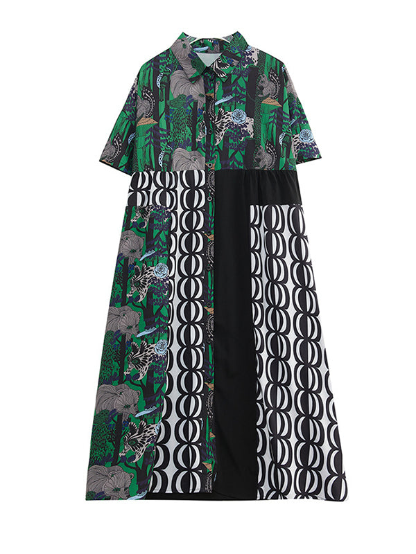 xakxx Short Sleeves Loose Printed Split-Joint Lapel Midi Dresses Shirt Dress