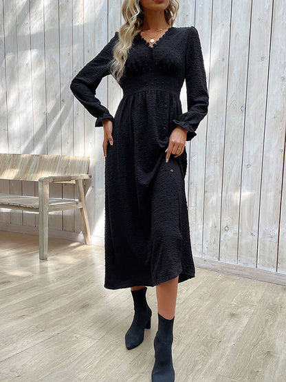 xakxx A-Line Long Sleeves Buttoned Elasticity Solid Color Split-Side V-Neck Midi Dresses