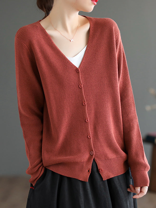 xakxx Long Sleeves Loose Solid Color V-Neck Cardigan Tops