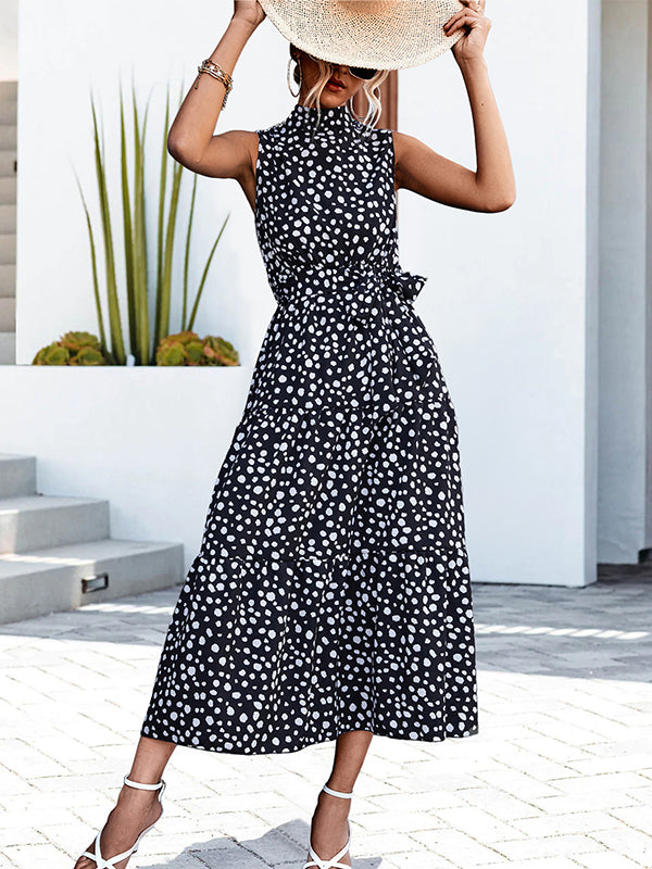 xakxx Casual Loose Sleeveless Tied Contrast Color Polka-Dot Stand Collar Maxi Dresses