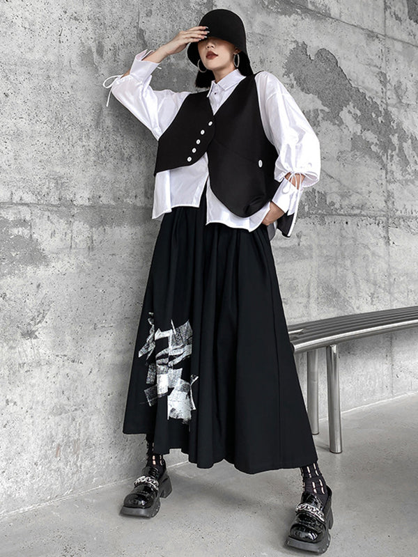 xakxx Original Loose Lace-Up Hollow Sleeve Blouse+Black Vest+Wide Leg Pants Culotte Three Pieces Set