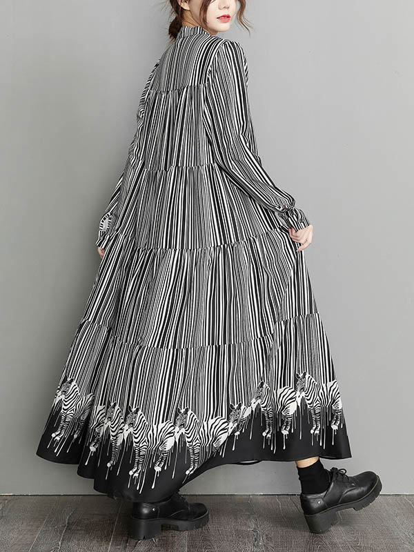 xakxx Vintage Loose Striped Buttoned Stand Collar Long Sleeves Midi Dress