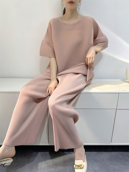 xakxx Elastics Pleated Solid Color Round-Neck T-Shirt + Wide Leg Pants Two Pieces Set