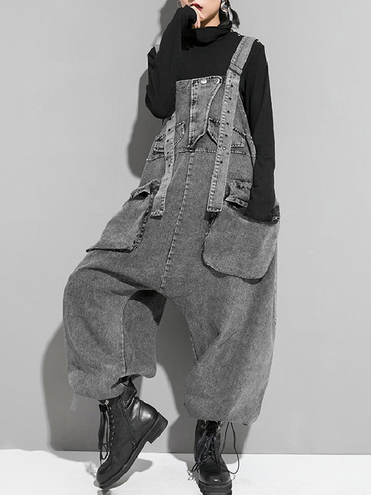 xakxx Loose Sleeveless Pockets Split-Joint Jean Pants Bottoms Overalls