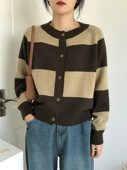 xakxx Casual Buttoned Contrast Color Striped Cardigan Tops