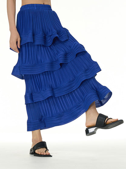 xakxx Loose Elasticity Layered Pleated Ruffled Solid Color Skirts Bottoms