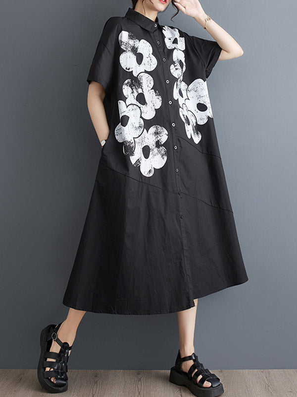 xakxx A-Line Loose Asymmetric Buttoned Flower Print Lapel Midi Dresses Shirt Dress